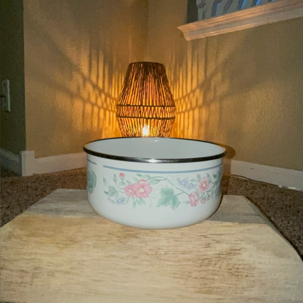 Floral Enamel Bowl with Silver Trim